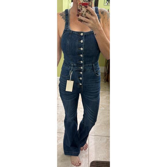 Flamingals Button fly high waist flare overalls XS tall 31 inseam $70 retail NWT - Picture 3 of 11
